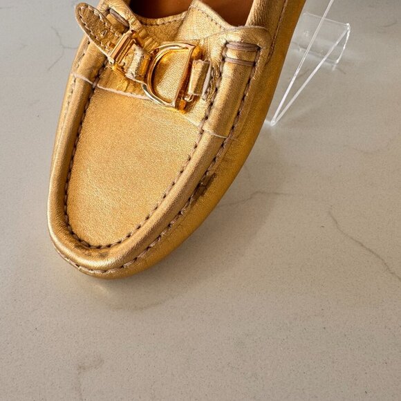 Ralph Lauren Purple Label Laine Driving Flats Gold Nappa Leather - Picture 9 of 11